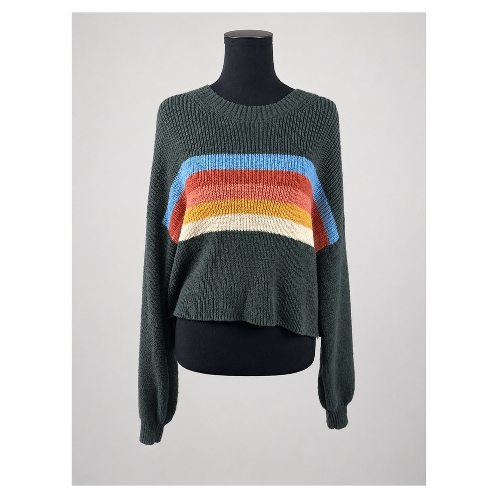 American Eagle Outfitters Medium Gray Rainbow Stripe Cropped Knit Sweater